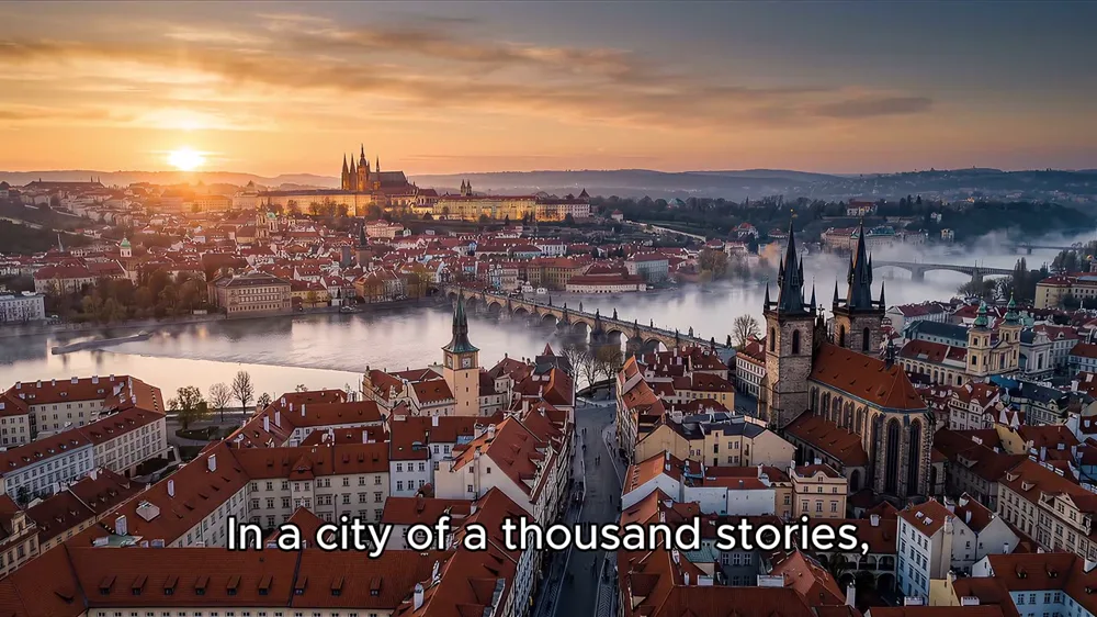 Záběr z AI reklamního spotu: Praha při západu slunce s titulkem In a city of a thousand stories